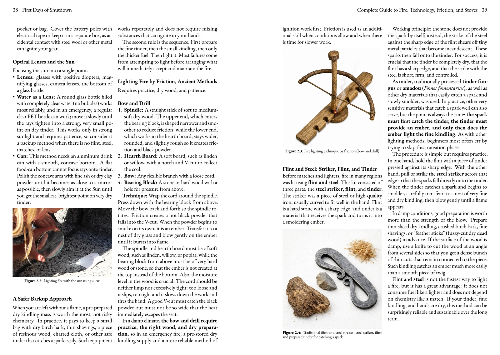 Actual English two-page book spread with practical fire-lighting methods and illustrations