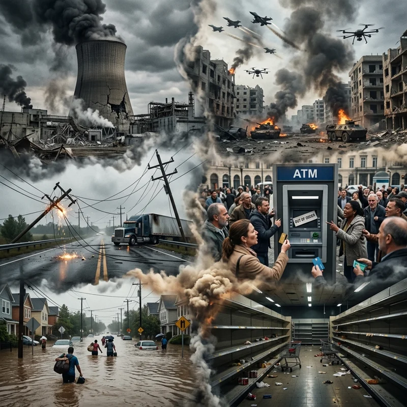 Collage of war, infrastructure damage, a failed power grid, flooding, an unavailable ATM and empty store shelves